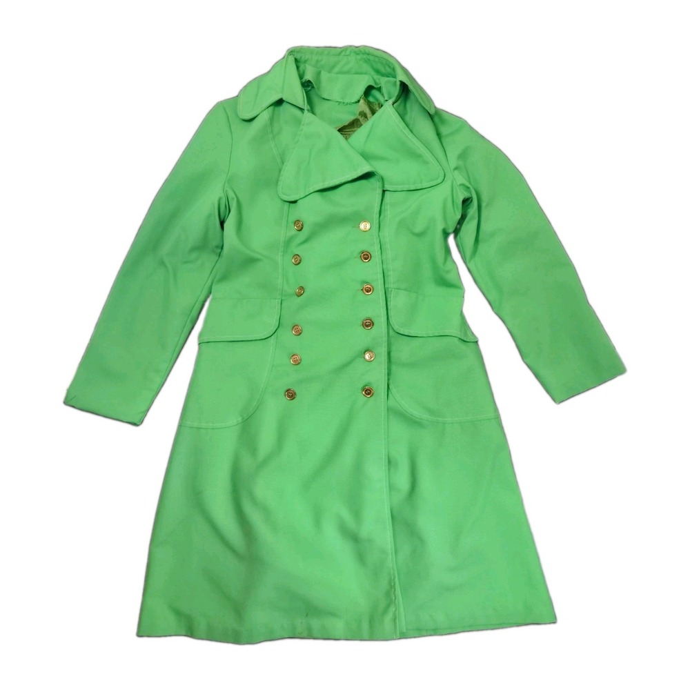 Vintage Lime Green Trench Raincoat With Gold Buttons Womens Medium With Flaw